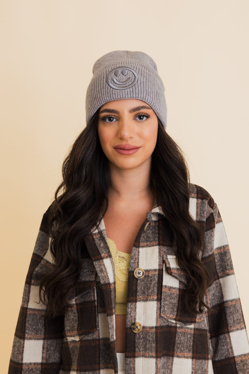 Embroidered Smiley Face Ribbed Knit Beanie Leto Collection