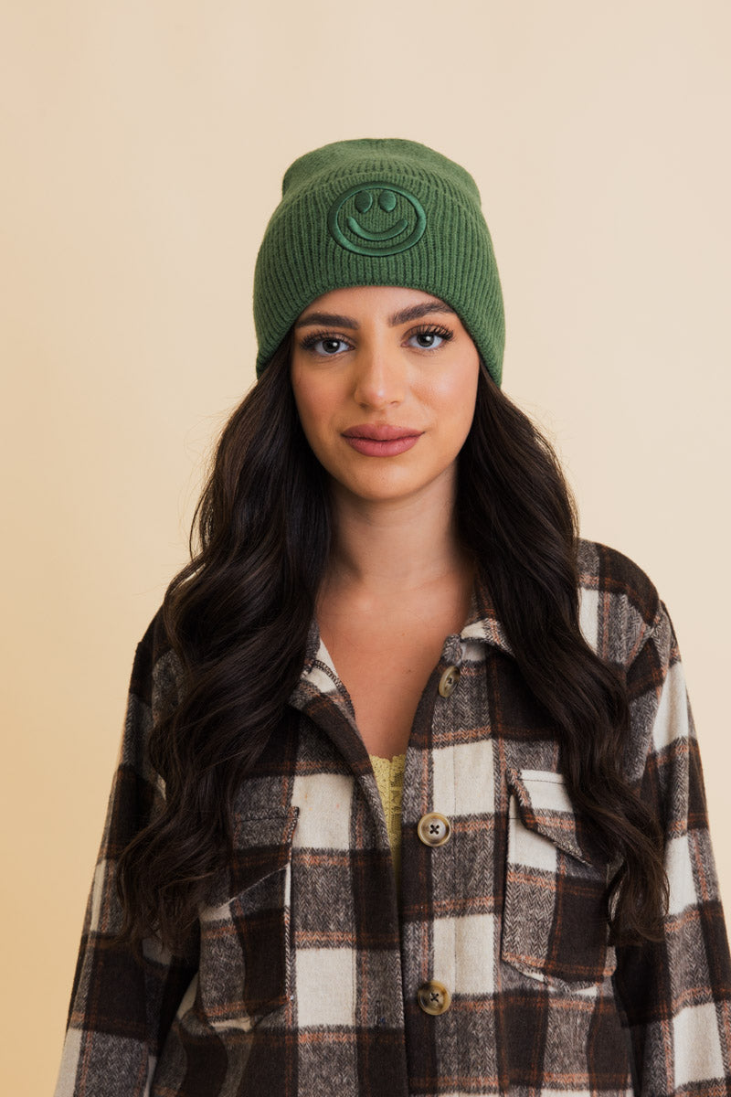 Embroidered Smiley Face Ribbed Knit Beanie Leto Collection