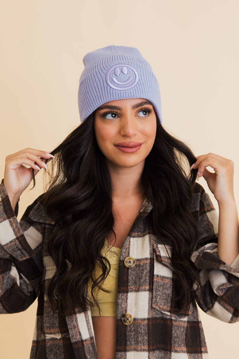 Embroidered Smiley Face Ribbed Knit Beanie Leto Collection