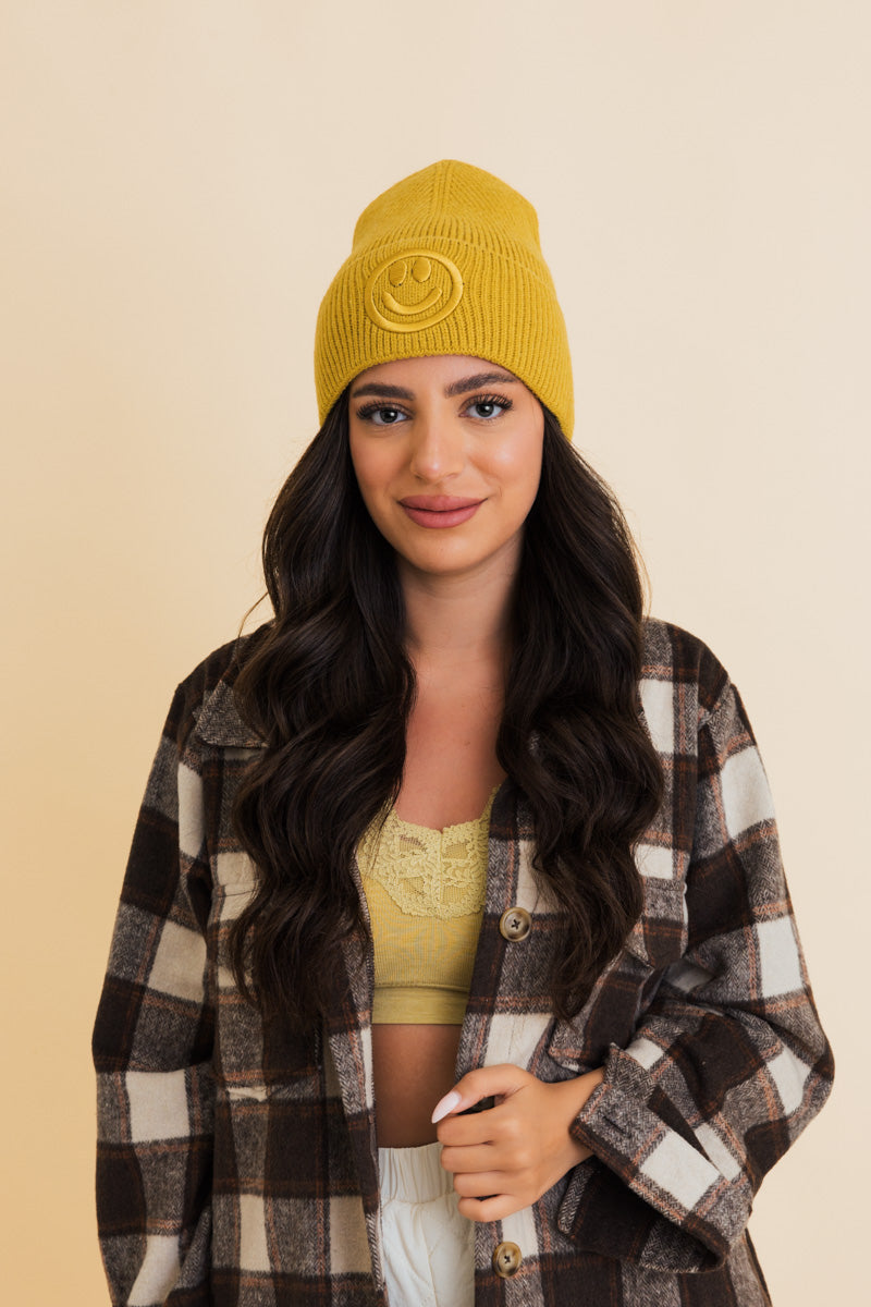 Embroidered Smiley Face Ribbed Knit Beanie Leto Collection