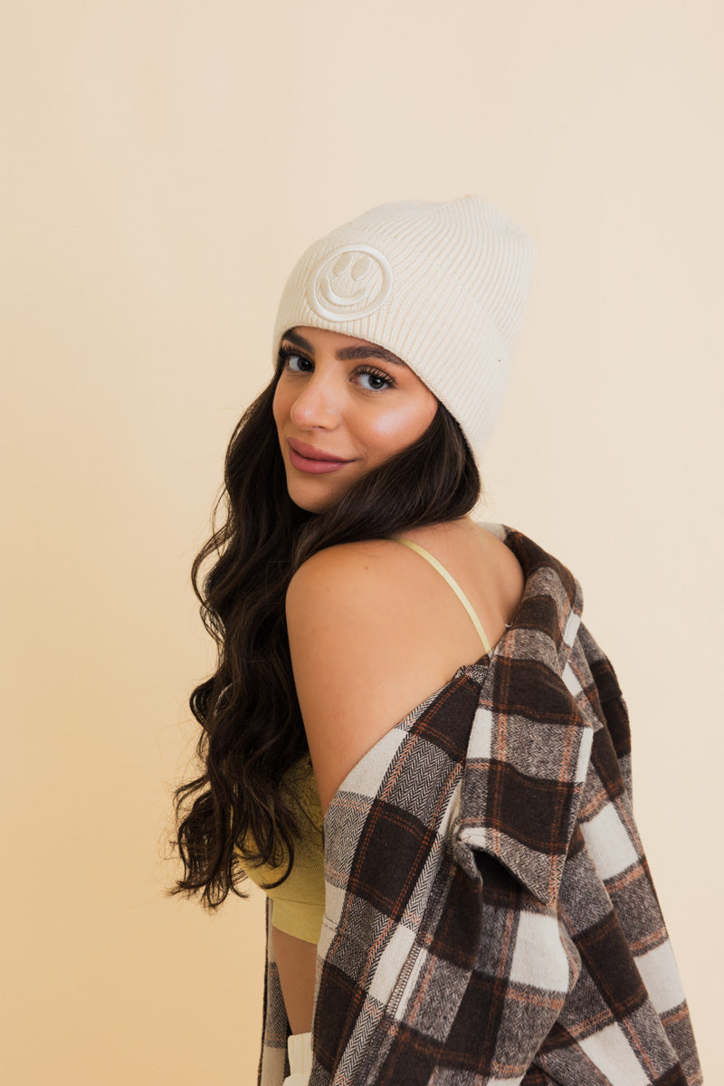 Embroidered Smiley Face Ribbed Knit Beanie Leto Collection