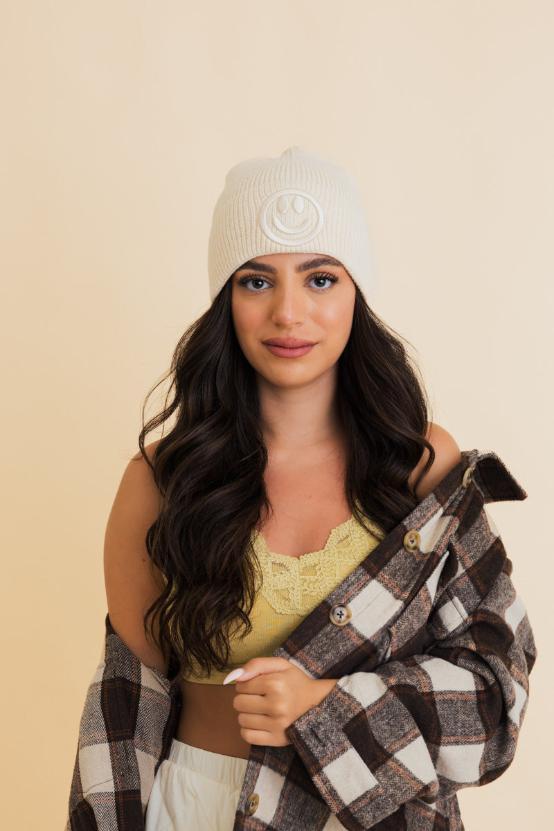 Embroidered Smiley Face Ribbed Knit Beanie Leto Collection
