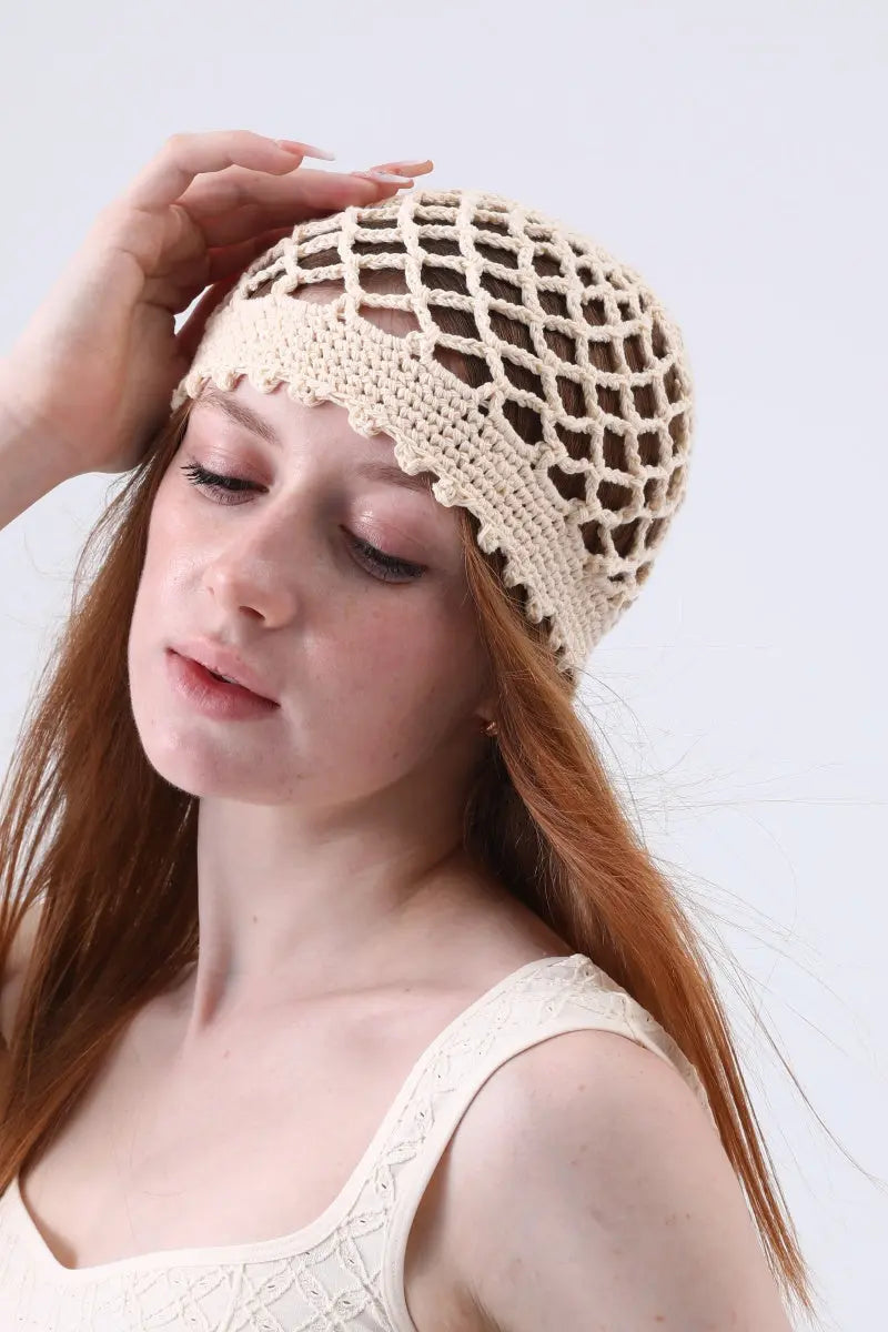 Boho Crochet Mesh Head Cap – Lightweight Hollow Knit Beanie Leto Collection