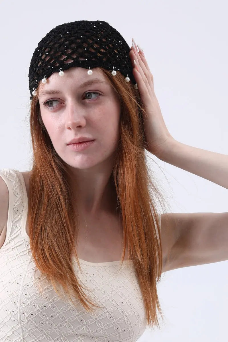 Boho Sequin Pearl Tassel Crochet Beanie – Lightweight Hollow Knit Hat Leto Collection