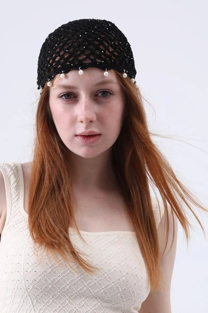 Boho Sequin Pearl Tassel Crochet Beanie – Lightweight Hollow Knit Hat Leto Collection
