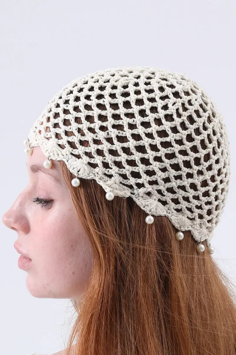 Boho Sequin Pearl Tassel Crochet Beanie – Lightweight Hollow Knit Hat Leto Collection