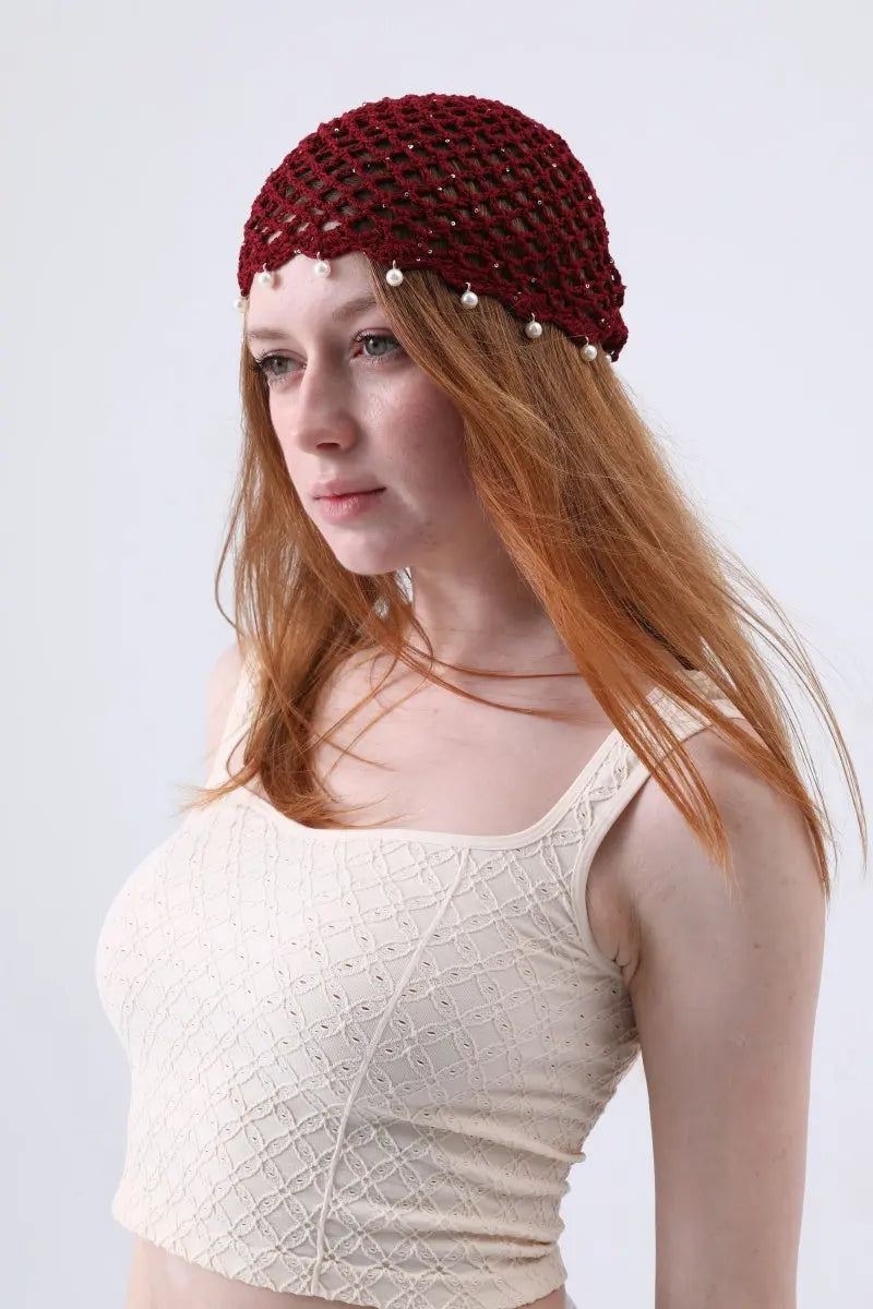 Boho Sequin Pearl Tassel Crochet Beanie – Lightweight Hollow Knit Hat Leto Collection