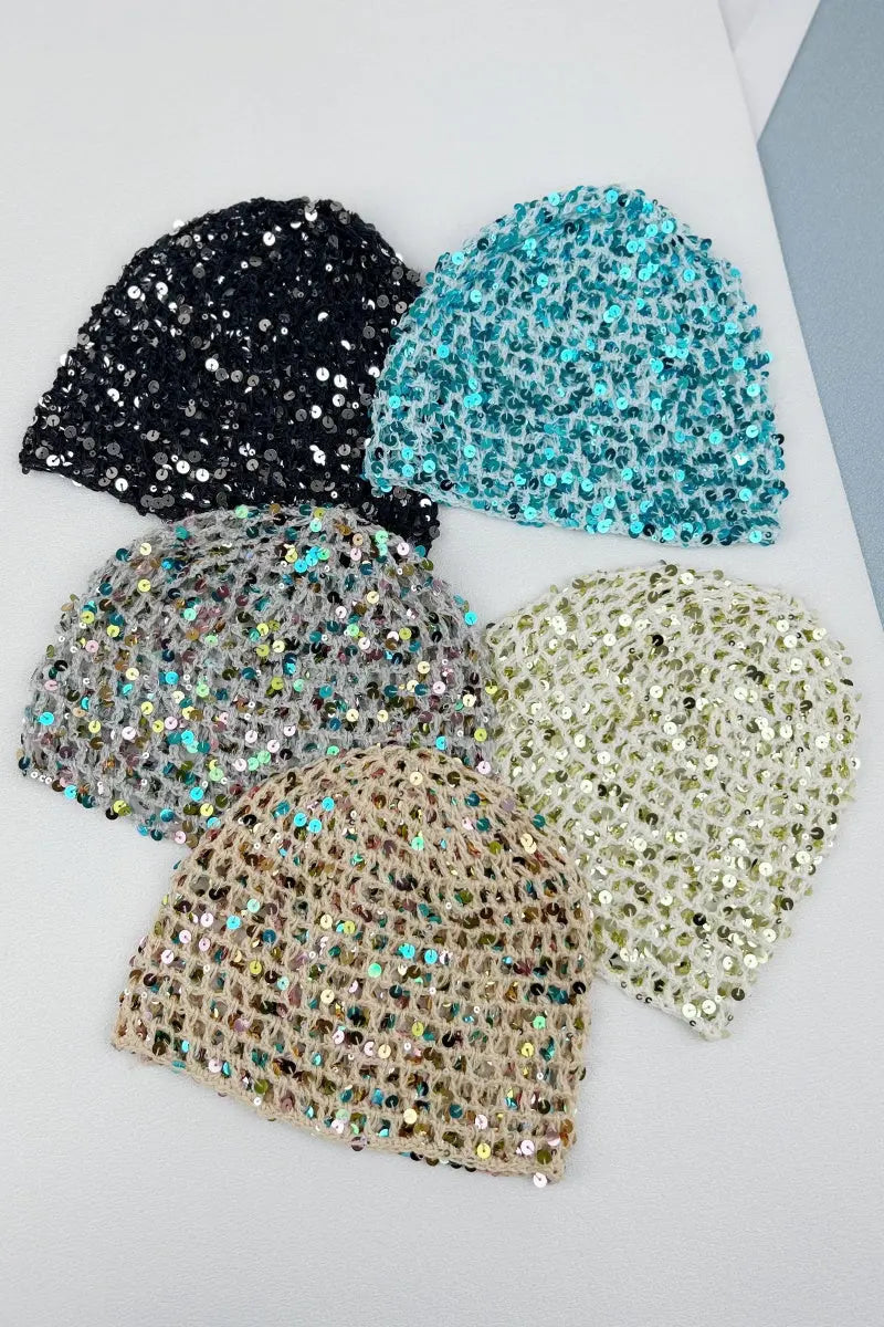Boho Sparkle Sequin Crochet Mesh Beanie – Party Ready Leto Collection