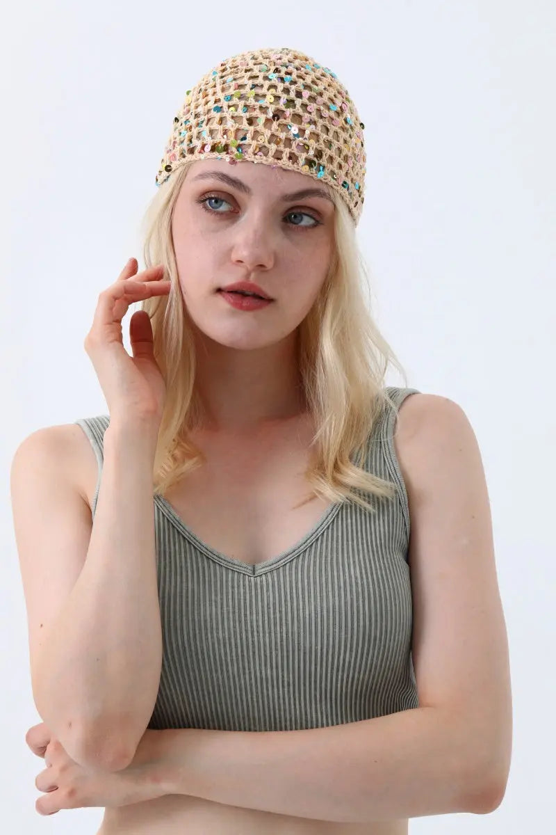 Boho Sparkle Sequin Crochet Mesh Beanie – Party Ready Leto Collection