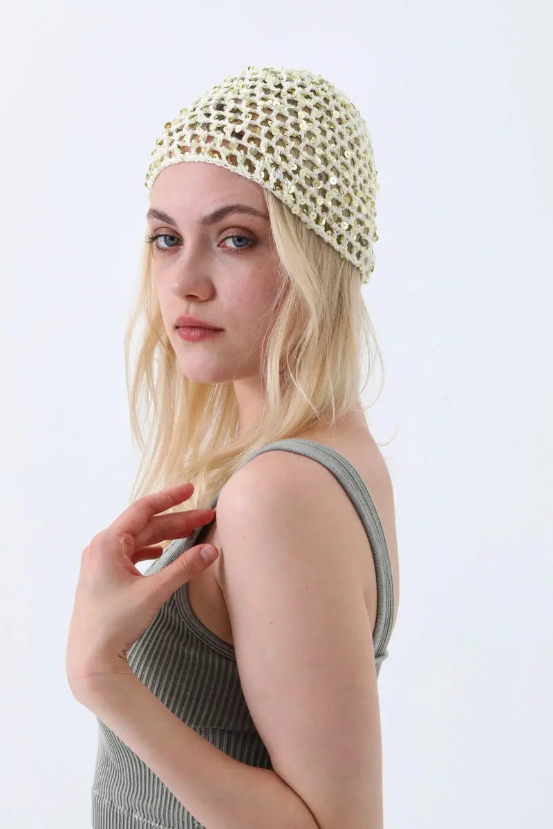 Boho Sparkle Sequin Crochet Mesh Beanie – Party Ready Leto Collection