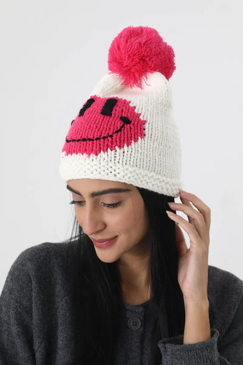 Handmade Smiley Pom Pom Knit Winter Beanie For Women ☃️😊 Leto Collection