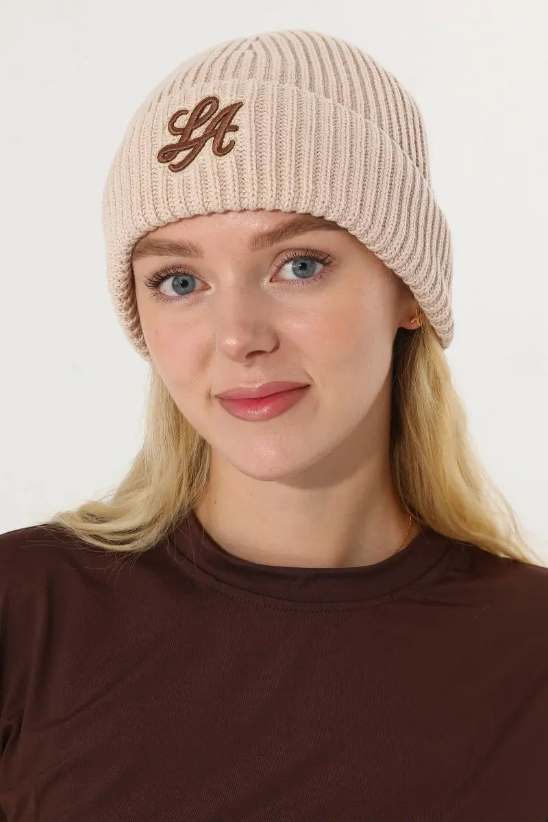 Women LA Embroidery Ribbed Knit Cuff Beanie Winter Hat 🧶❄️ Leto Collection