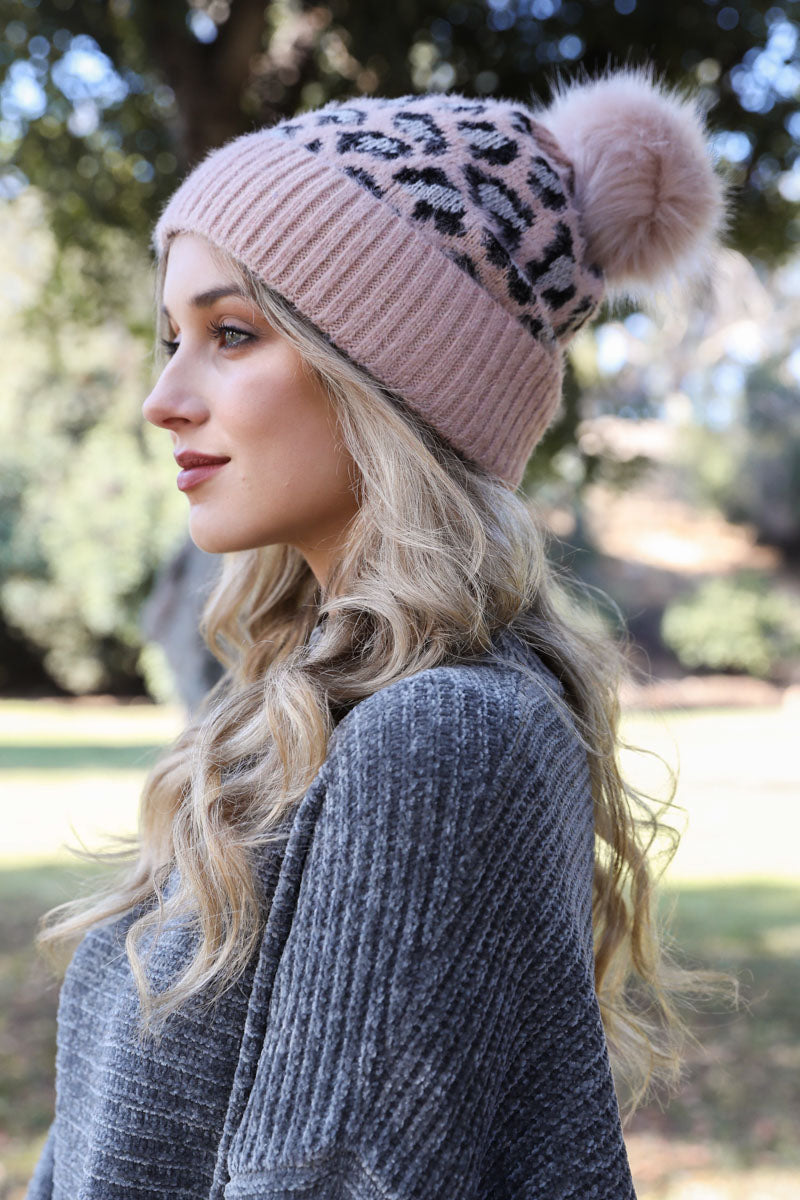 Pink leopard knit beanie by Leto Collection, soft textured hat with a stylish animal print, perfect for cold weather.
