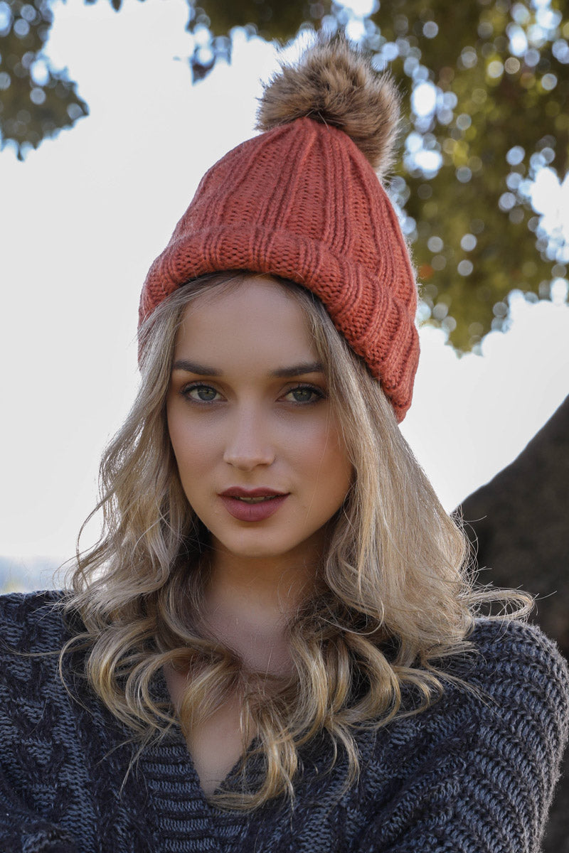 Leto Collection basic ribbed pom beanie in persimmon orange, soft knit hat with a pom pom on top, for hats and hair accessories.