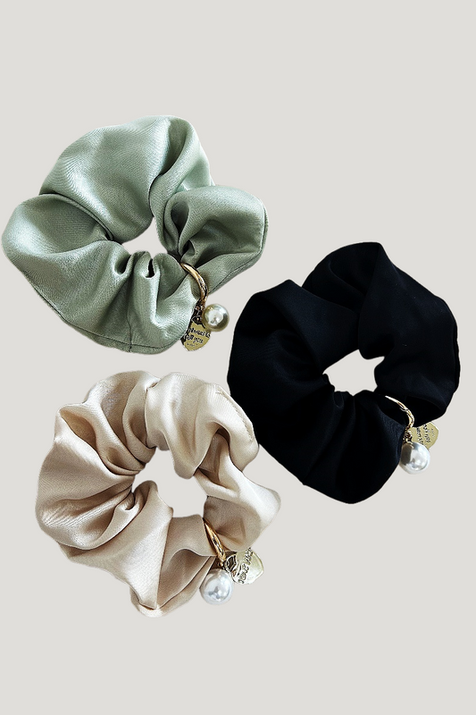 Solid Satin Scrunchies – Detachable Chain Accent ✨🖤 Leto Collection