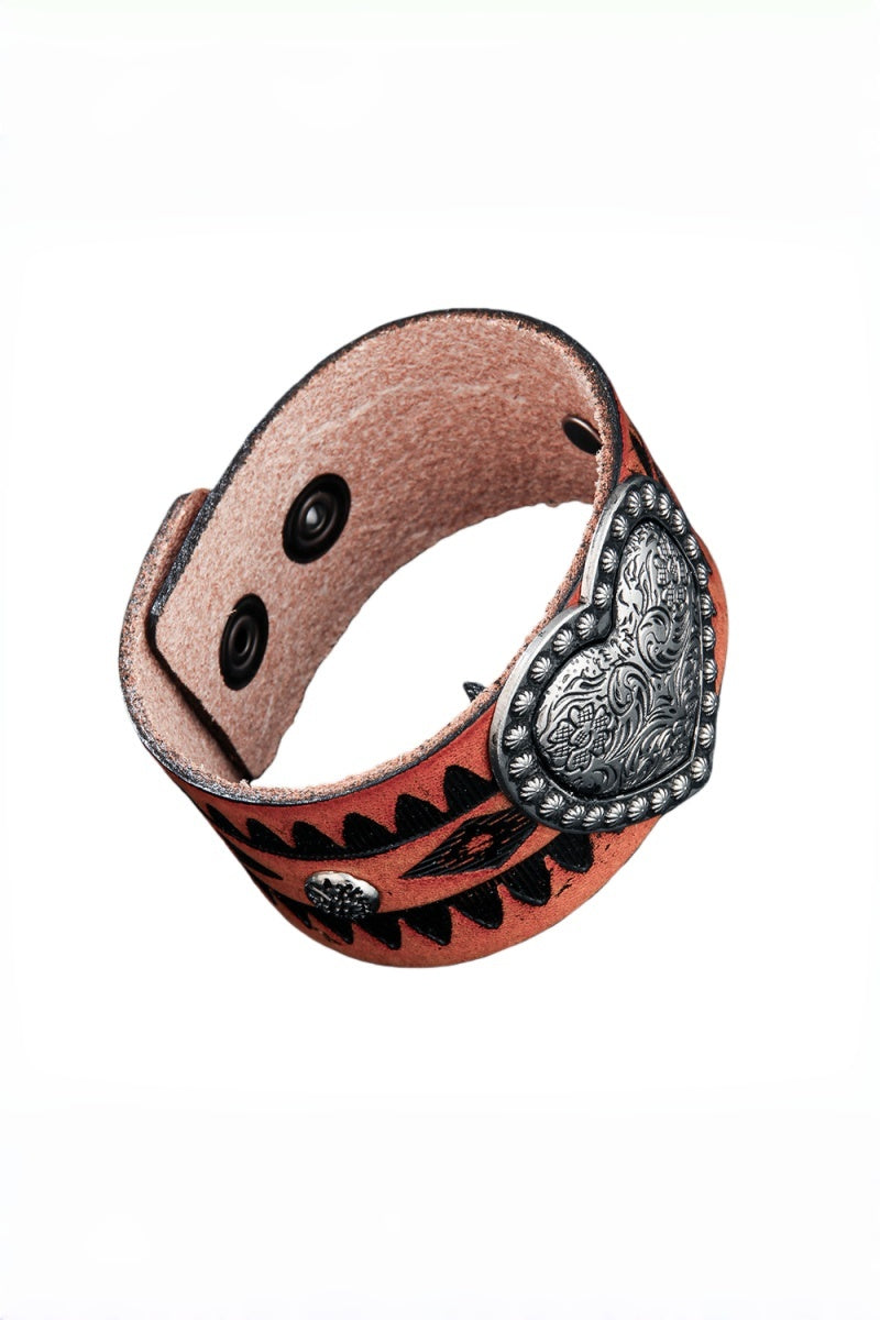 Western Romance: Embossed Heart Leather Cuff-Band Bracelet Leto Collection