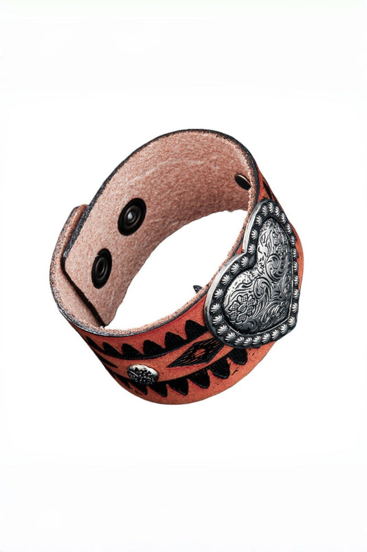 Western Romance: Embossed Heart Leather Cuff-Band Bracelet Leto Collection