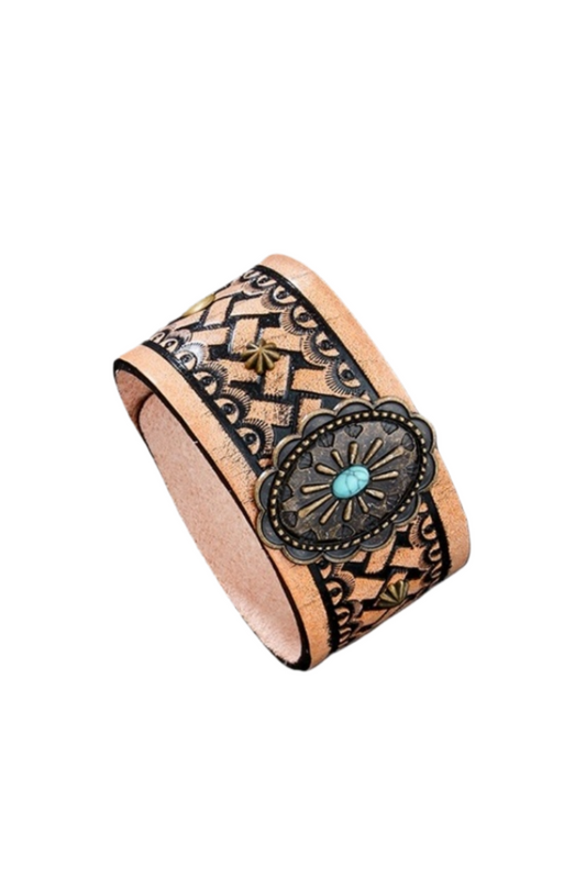 Desert Muse: Bohemian Vintage Turquoise Leather Cuff-Band Bracelet Leto Collection
