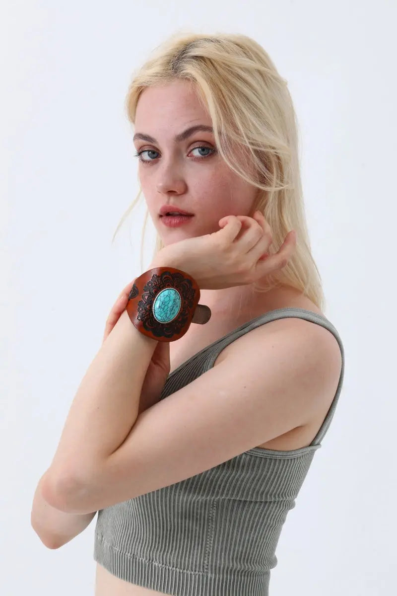 Western Turquoise Leather Cuff Bracelet – Boho Embossed Wristband Leto Collection