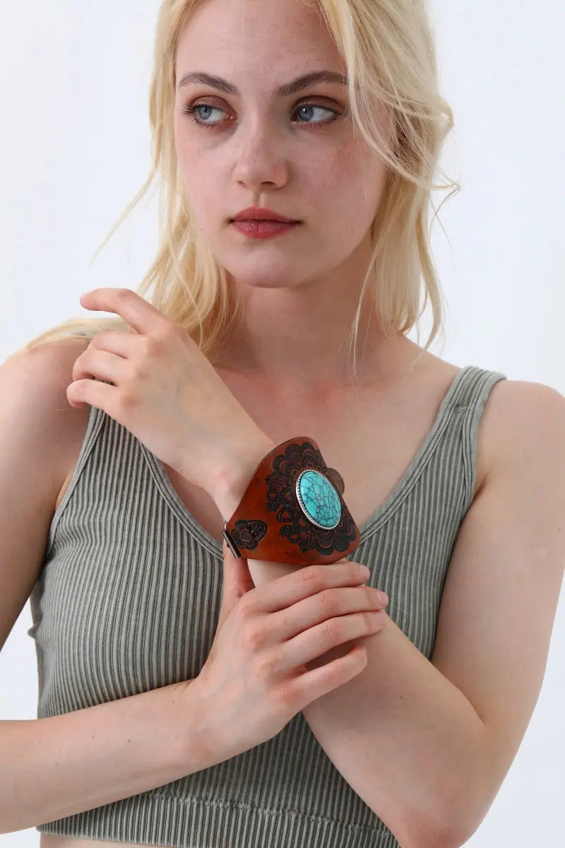 Western Turquoise Leather Cuff Bracelet – Boho Embossed Wristband Leto Collection
