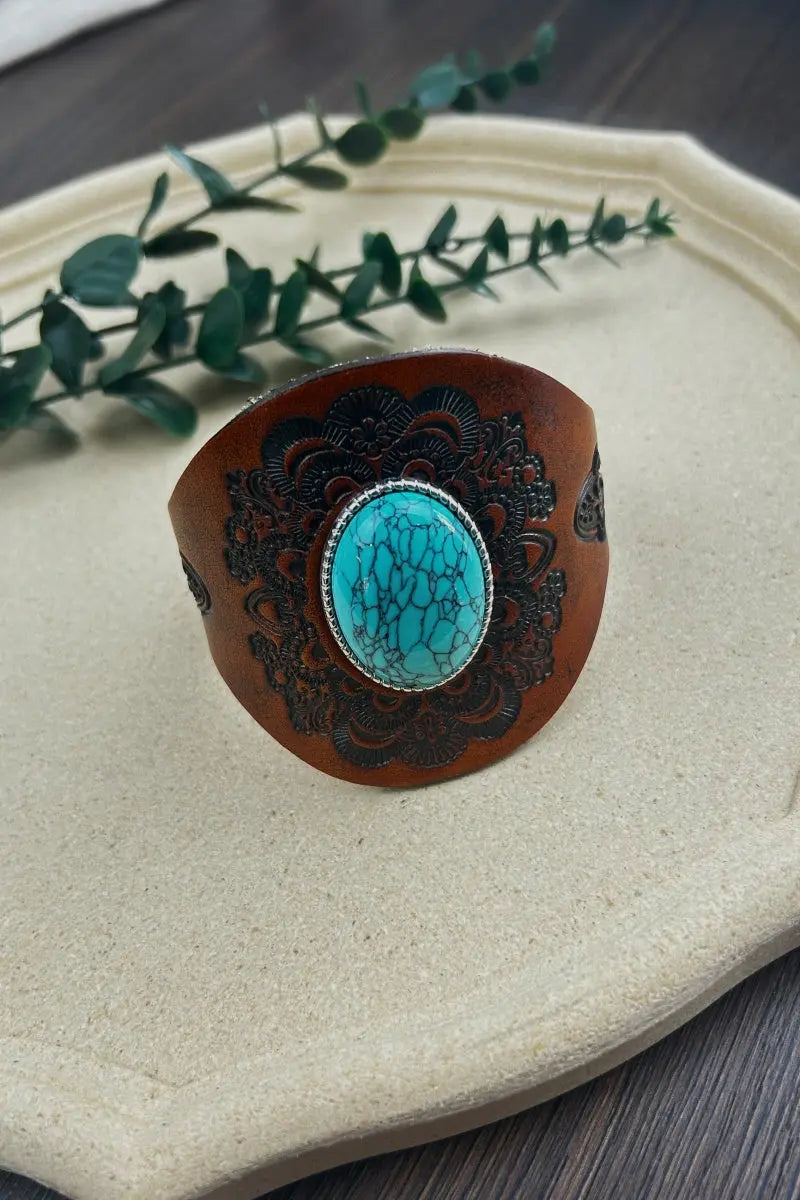 Western Turquoise Leather Cuff Bracelet – Boho Embossed Wristband Leto Collection