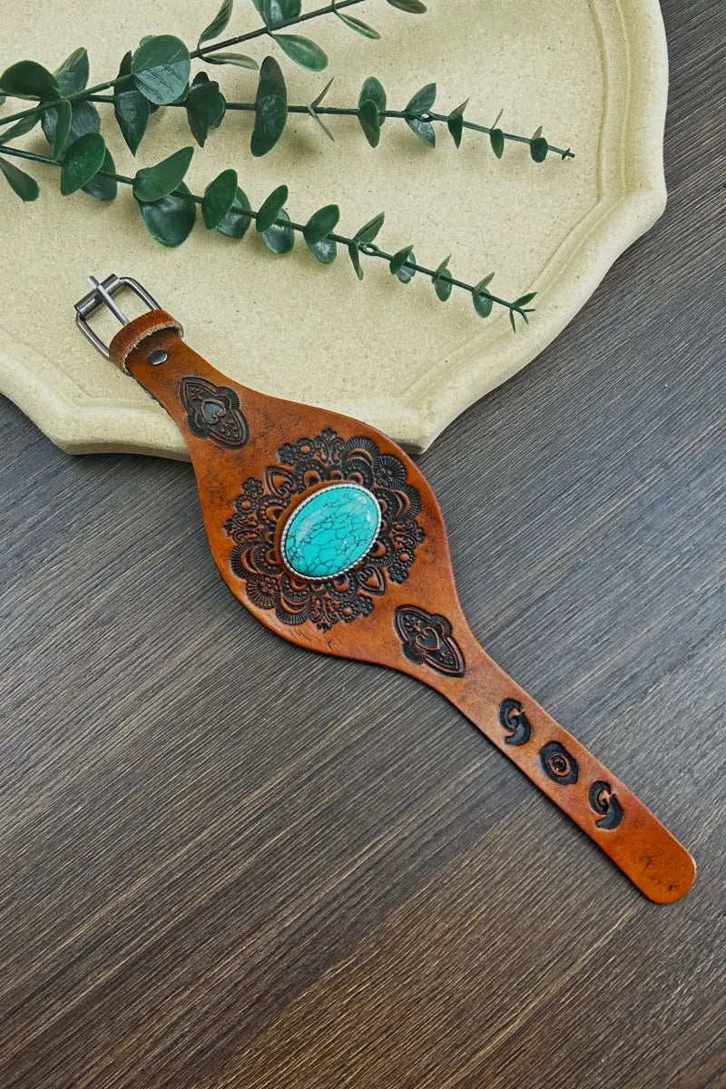 Western Turquoise Leather Cuff Bracelet – Boho Embossed Wristband Leto Collection