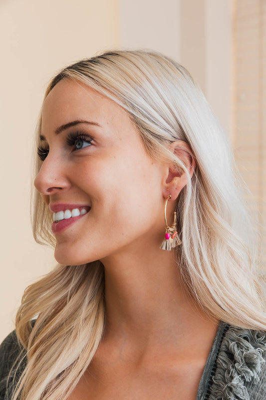 Coastal Chic Raffia and Bead Semi Hoop Earrings Leto Collection