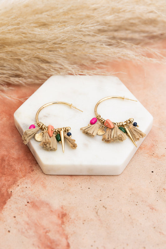 Coastal Chic Raffia and Bead Semi Hoop Earrings Leto Collection