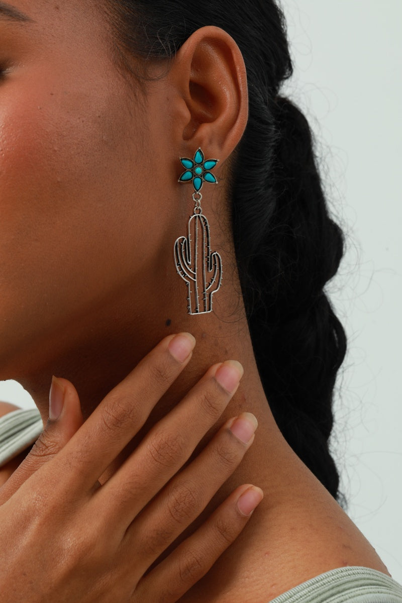 Boho Western Earrings – 💎Turquoise Flower & Openwork Cactus🌵 Leto Collection