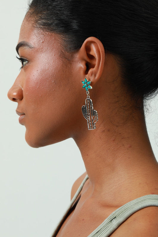 Boho Western Earrings – 💎Turquoise Flower & Openwork Cactus🌵 Leto Collection