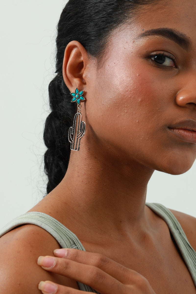 Boho Western Earrings – 💎Turquoise Flower & Openwork Cactus🌵 Leto Collection