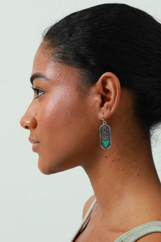 Carved Cactus Earrings – Turquoise Triangle Inlay 🌵 Leto Collection