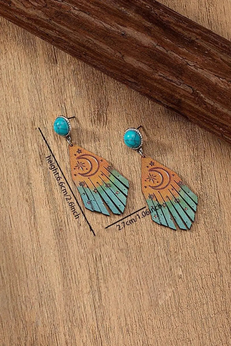 Western Moon Star Fringe Turquoise Leather Earrings Leto Collection