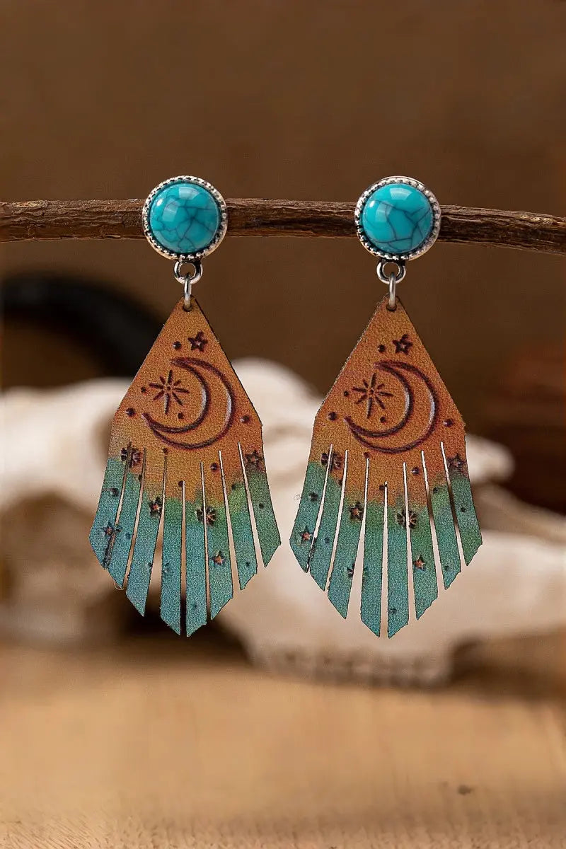 Western Moon Star Fringe Turquoise Leather Earrings Leto Collection