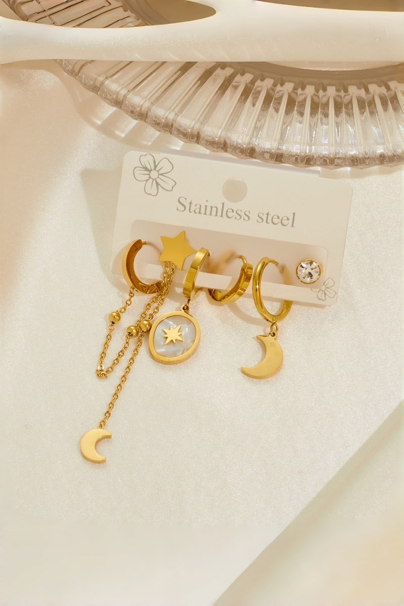 3 Pairs Gold Star Moon Stainless Steel Earrings Set Leto Collection