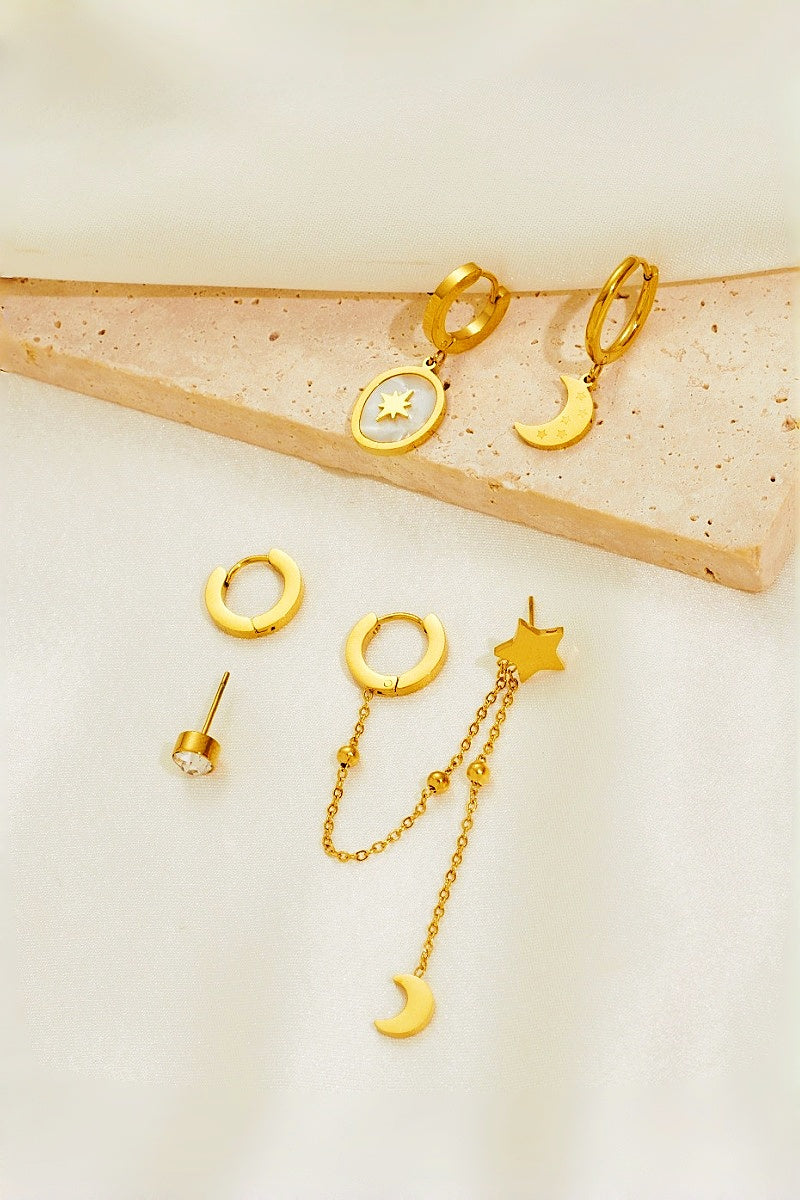 3 Pairs Gold Star Moon Stainless Steel Earrings Set Leto Collection