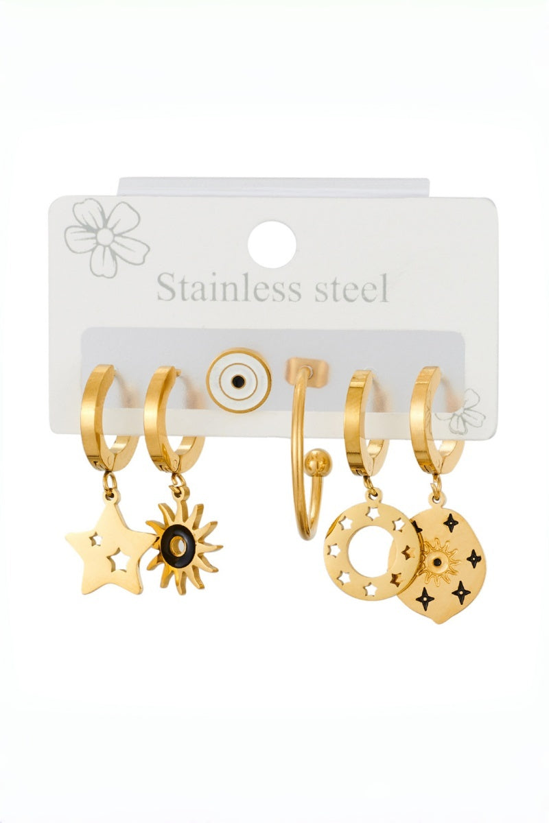 3 Pairs Gold Evil Eye Star Sun Stainless Steel Earring Set Leto Collection