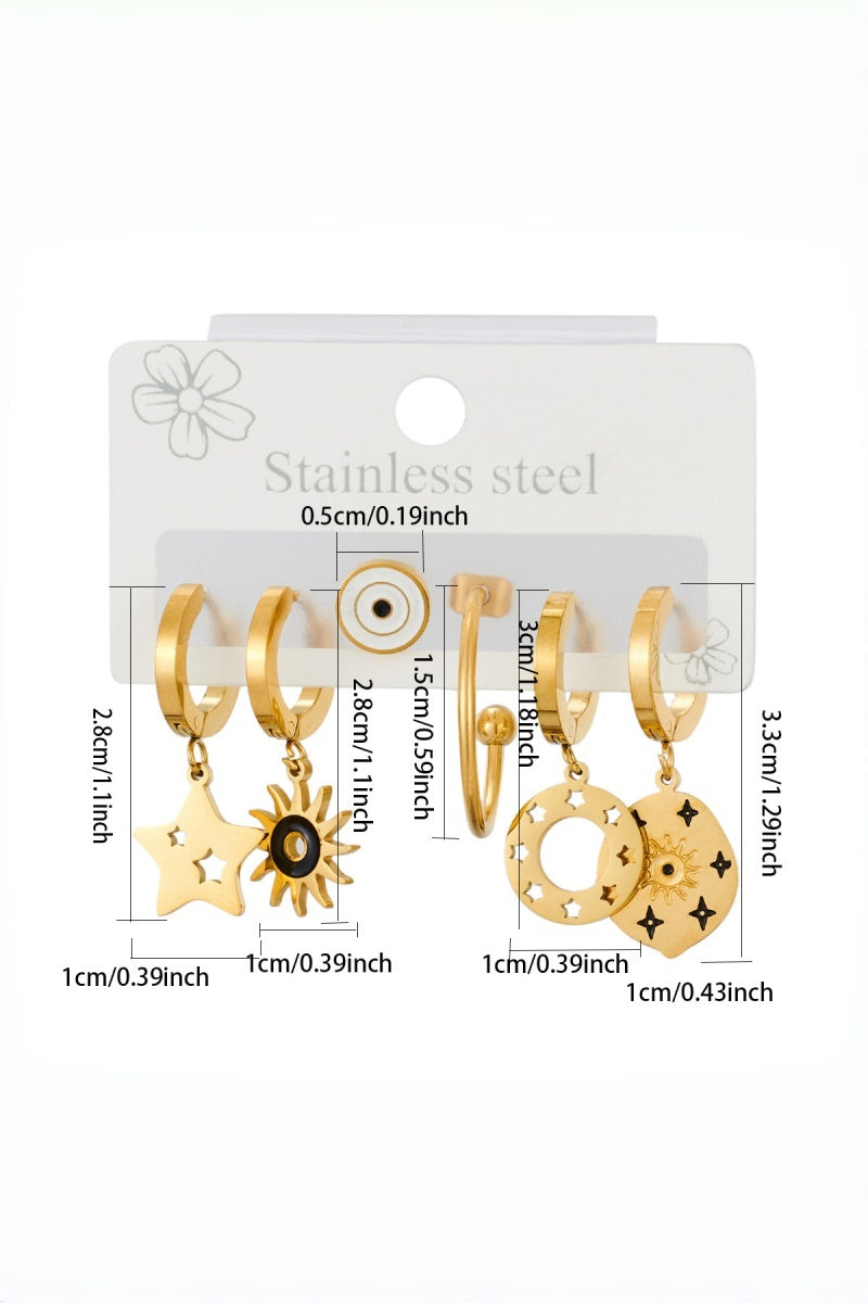 3 Pairs Gold Evil Eye Star Sun Stainless Steel Earring Set Leto Collection