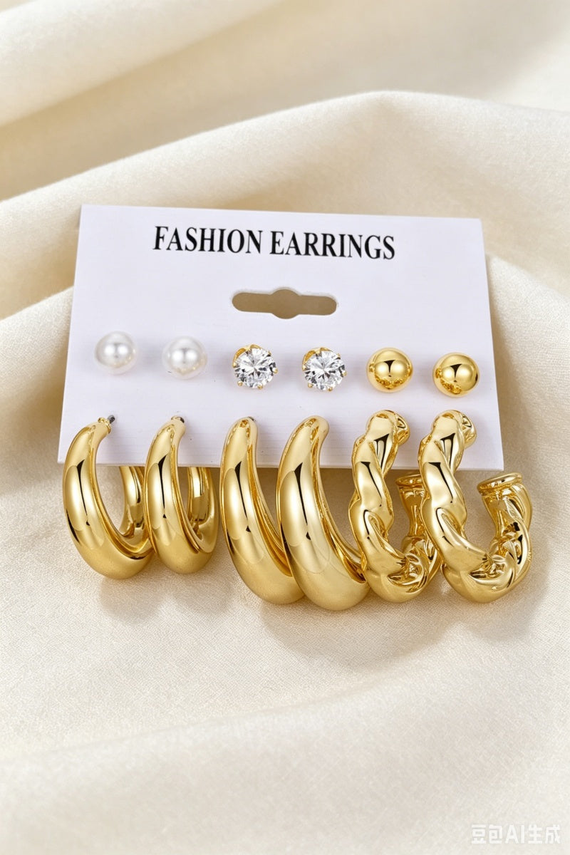 3 Pairs Gold Plated Pearl Zircon Hoop Earrings Assorted Set Leto Collection