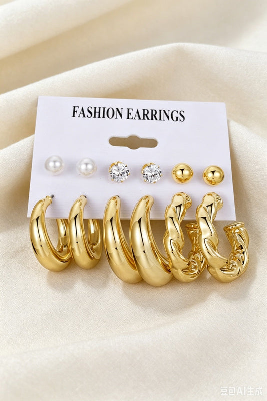 3 Pairs Gold Plated Pearl Zircon Hoop Earrings Assorted Set Leto Collection