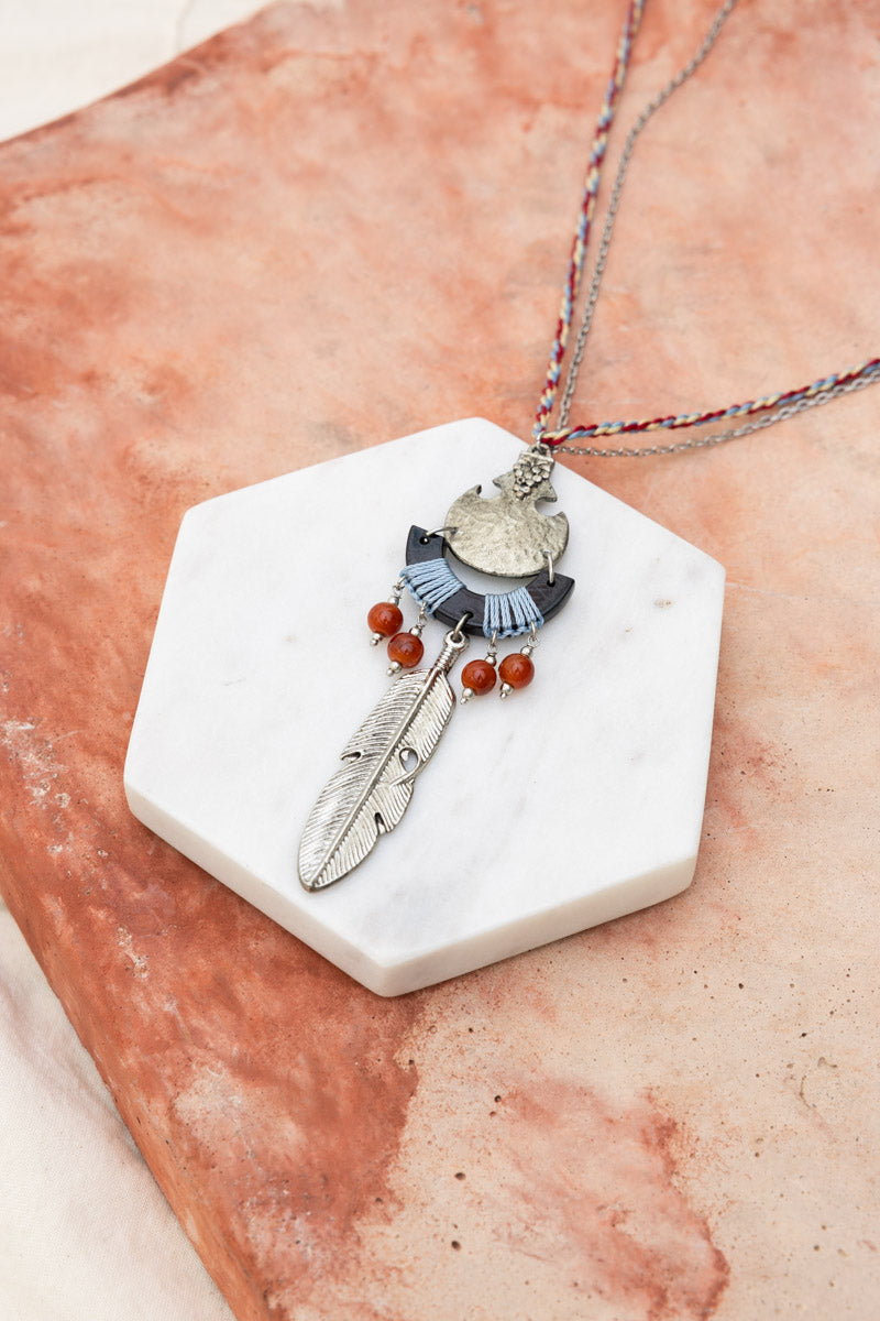 Vintage Tribal Thread & Silver Feather Necklace 🪶 Leto Collection