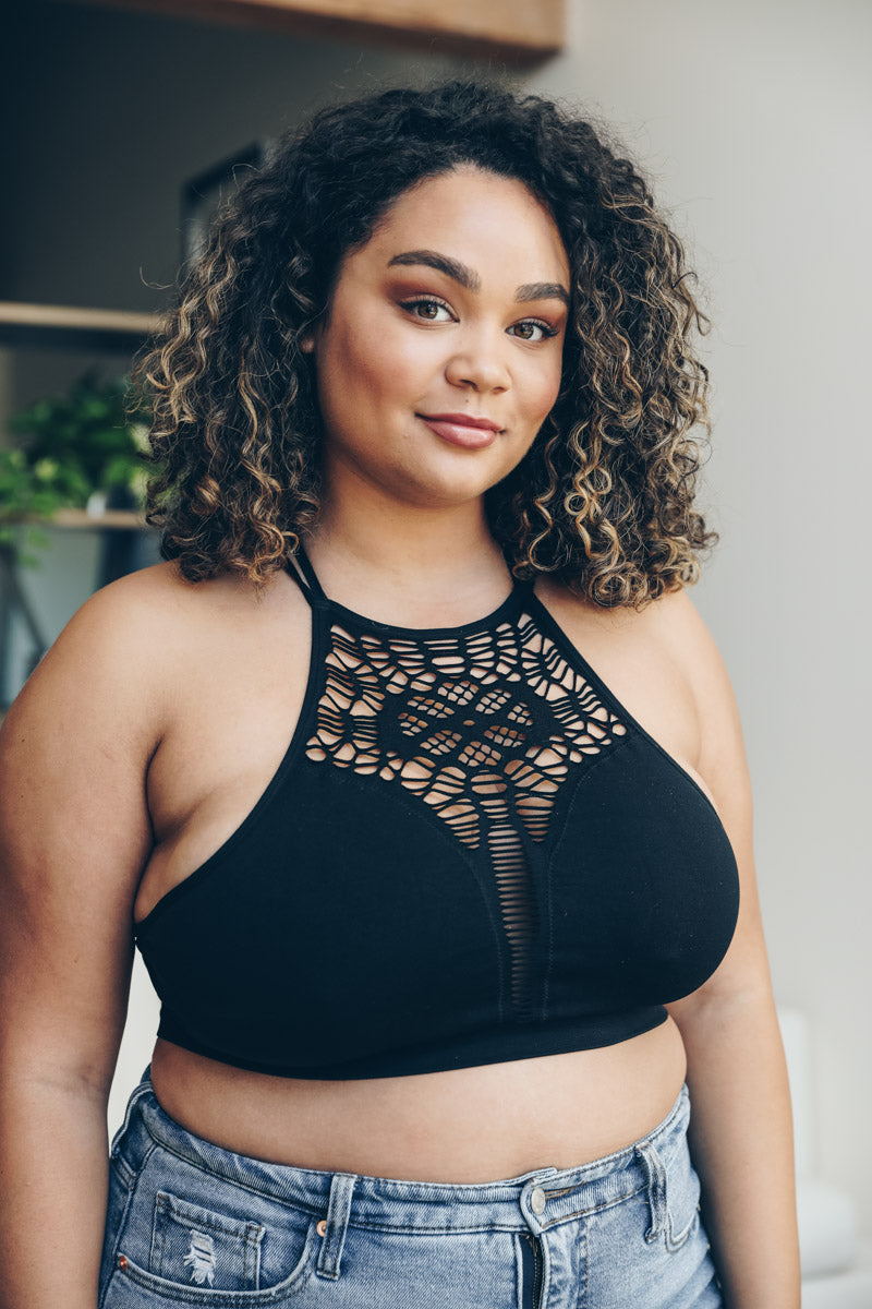 Black plus size seamless cutout bralette from Leto Collection, featuring a comfortable, stretchy design with stylish cutout details.