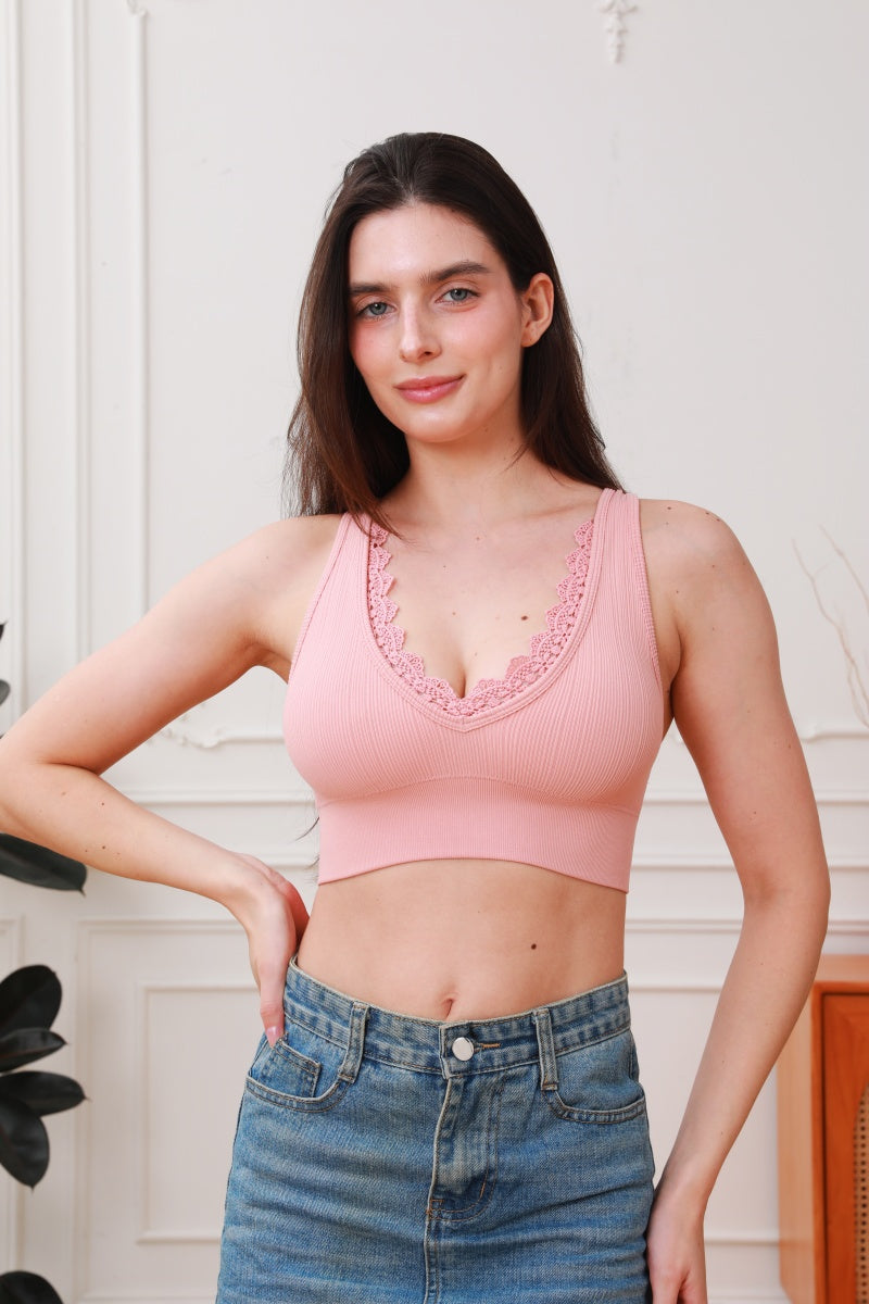Soft Whisper: Seamless Ribbed Lace Trim Bralette Leto Collection