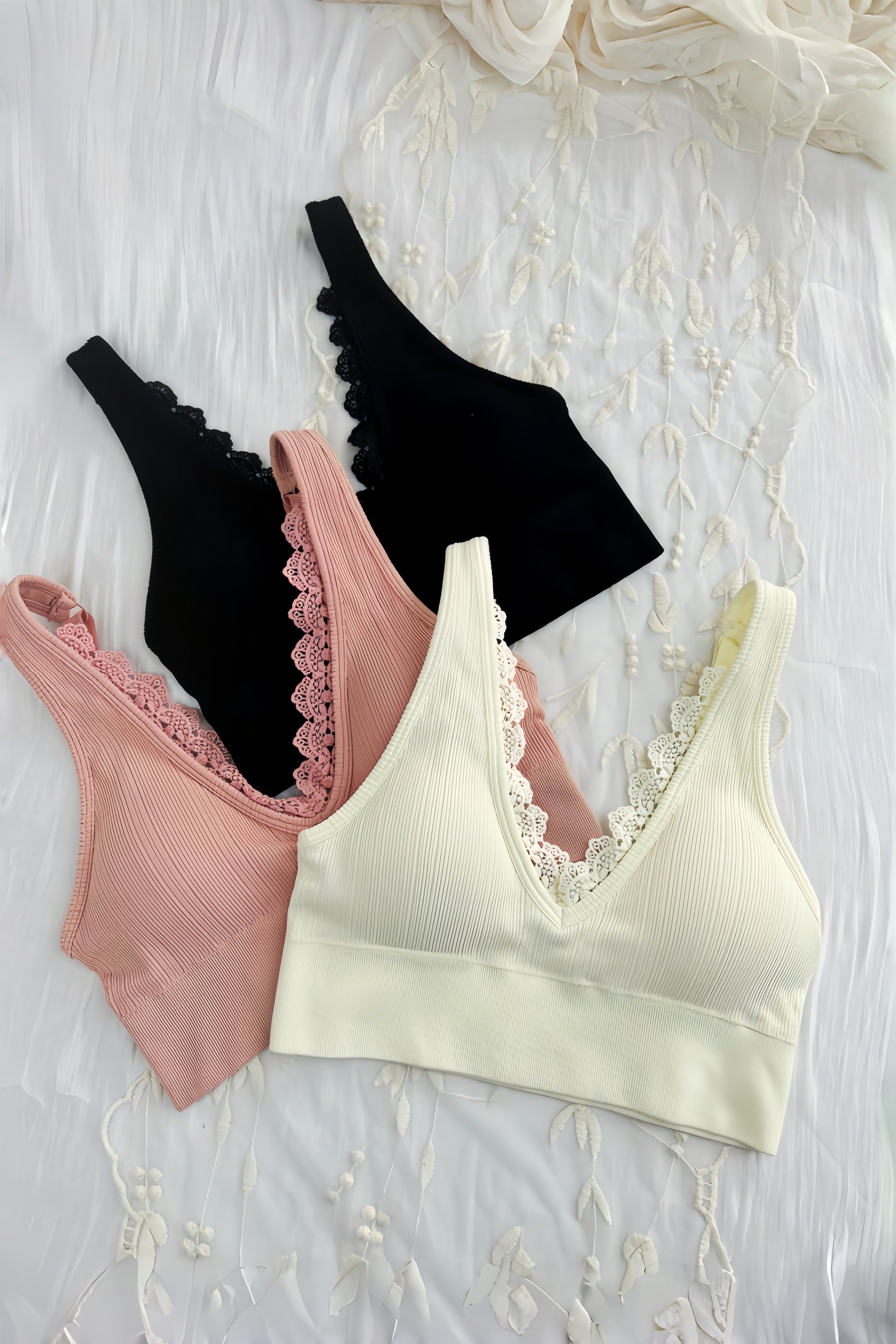 Soft Whisper: Seamless Ribbed Lace Trim Bralette Leto Collection