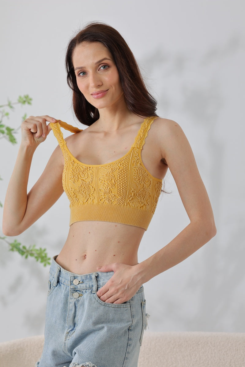 Effortless Edge: Seamless Washed Jacquard Lace Bralette with Decorative Strap Leto Collection