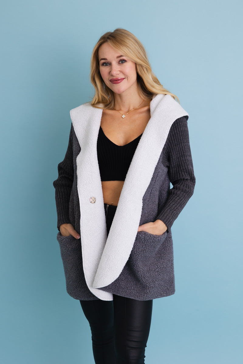 Gray Cozy Sherpa Hooded Cardigan Leto Collection