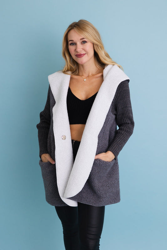 Gray Cozy Sherpa Hooded Cardigan Leto Collection