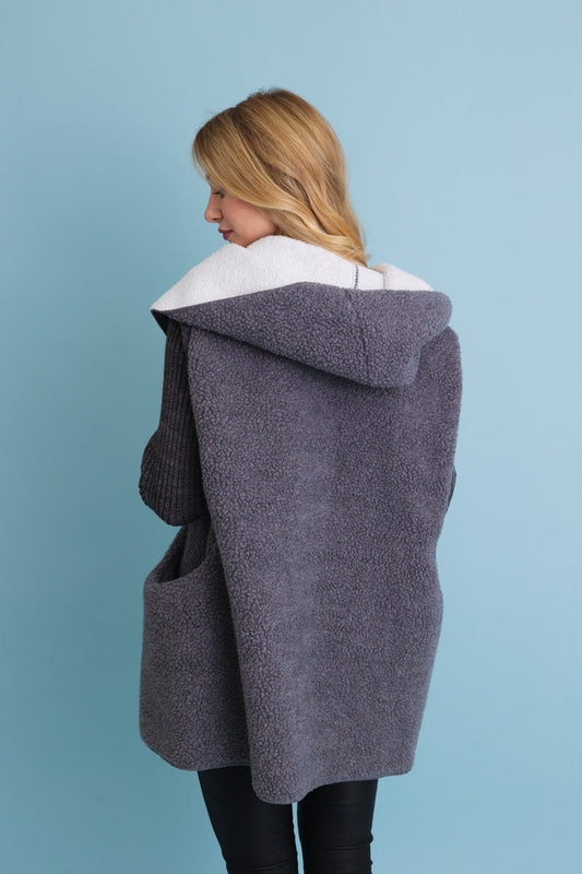 Gray Cozy Sherpa Hooded Cardigan Leto Collection