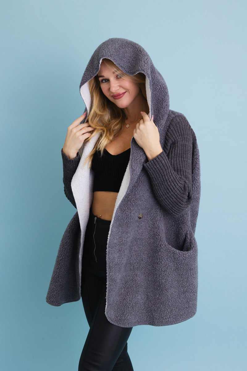 Gray Cozy Sherpa Hooded Cardigan Leto Collection