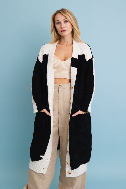 Oversized Color Block Button-Up Knit Cardigan Leto Collection